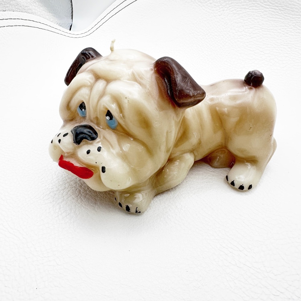 English Bulldog Candle Unused Wax Dog Figurine‎ 5" Long Cream Black Face